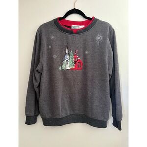 Vintage Gray Embroidered Christmas Holiday Crewneck Sweatshirt L‎ Festive Church